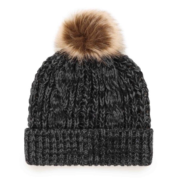 Back view of black cable-knit beanie with faux fur pom and ribbed cuff